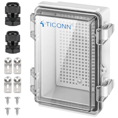 TICONN Waterproof Electrical Junction Box IP67 ABS Plastic Enclosure with Hinged Cover with Mounting Plate, Wall Brackets, Cable Glands (Clear, 5....