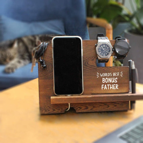 World's Best Bonus Father Wooden Desk Docking Station, Best Bonus Dad Gifts, Father's Day Birthday Gifts for Bonus Dad Stepdad Stepfather, Bonus D...