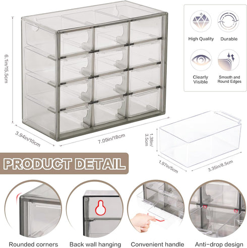 Desk Storage Organizer with 12 Mini Drawers, Clear Desktop Craft Drawer Cabinet, Stackable Storage Box Caddy for Makeup Jewelry Office Craft Suppl...