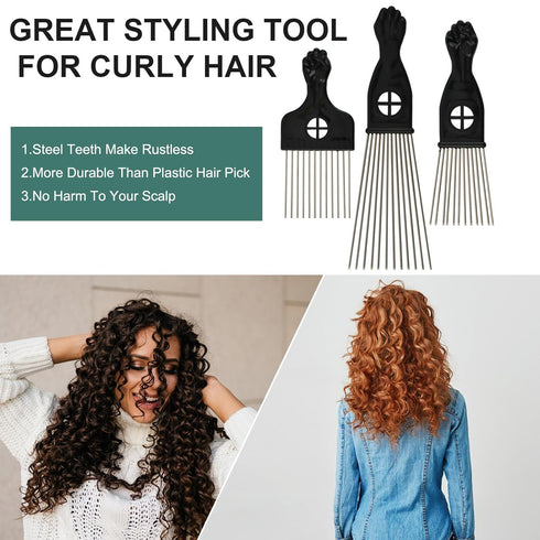 3 Pack Afro Pick,Hair Pick for Black Men,Salon-Style Hair Picks for Women,Comb With Metal Pick for Curly Hair,Essential Hairdressing Styling Tool ...