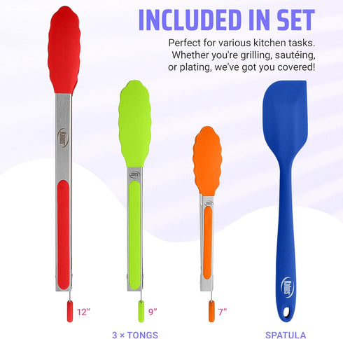 Kaluns Kitchen Tongs - Silicone Tip Stainless Steel Set, 7, 9, 12 Inch Tongs Plus Heat Resistant Spatula, Non-stick Serving Utensils...