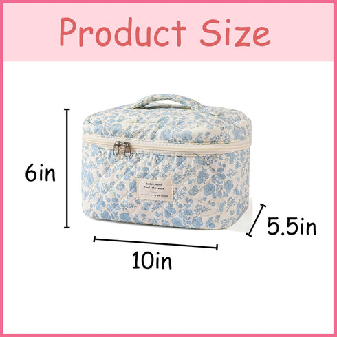 Large Travel Quilted Makeup Bag for Women, Floral Cotton Cosmetic Bag, Coquette Aesthetic Floral Toiletry Organizer Bag...