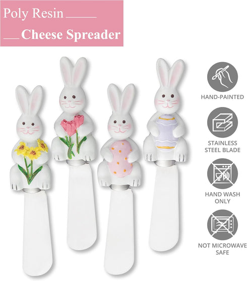 Easter Bunny Cheese Spreaders, Hand-Painted Resin Handles with Stainless Steel Blades for Spreading Cream Cheese, Butter, and Jam, Assorted Design...