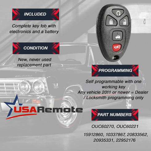 Key Fob Keyless Entry Remote with Ignition Key fits Cadillac DTS / Chevy Impala Monte Carlo 2006 2007 2008 2009 2010 2011 2012 2013...