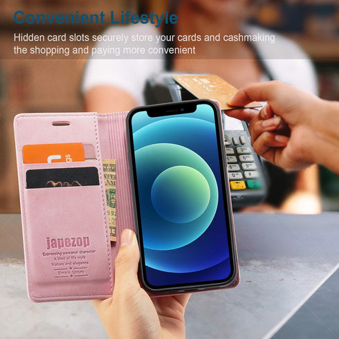 japezop iPhone 12 Mini Flip Case, Pink Leather, RFID Blocking, Card Holder, Slim Fit, Wireless Charging Compatible, 5.4 Inch...