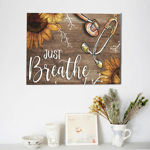 Sunator Just Breathe Canvas Wall Art Beautiful Sunflower And Medical Stethoscope Inspirational Pictures Motivational Quotes Poster Framed Wall Dec...
