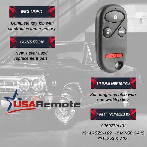 Car Key Fob Keyless Entry Remote fits Honda Accord Civic CR-V Insight Odyssey Pilot Prelude (A269ZUA101)...