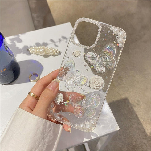 Fycyko Compatible with iPhone 7/8/SE 3D Butterfly Floral Clear with Design Aesthetic Women Teen Girls Glitter Pretty Crystal Sparkle Sparkly Cute ...