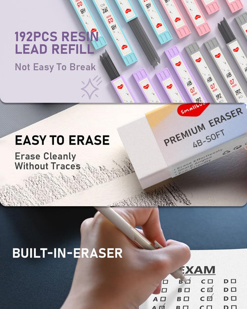 8PCS 0.5 & 0.7 mm Pastel Mechanical Pencil With Case -Never Click, Lead Pencils with 16 Tubes HB Lead Refills, Erasers for School Kids & Student D...