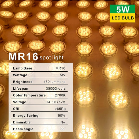 MR16 LED Bulb Light Bulbs 6 Pack, 5W (50W Halogen Equivalent) 2700K Warm White GU5.3 Base 12V Spotlight Non-Dimmable 38 Deg 450Lm for Landscape Re...