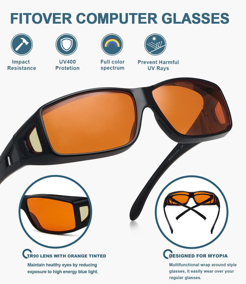 BLUELESS Fitover Glasses for Computer Blue Blocking with Orange Tinted Sleep Glasses, Black...