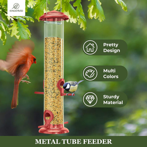 Kingsyard Metal Bird Feeders for Outdoors Hanging, Extra Thick Tube Bird Feeder w/Steel Hanger & 4-Port, 15 inch, Chew-Proof, Weather and Water Re...