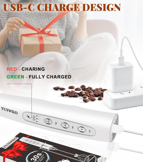YUSWKO Milk Frother Handheld for Coffee with Stand, Rechargeable Drink Mixer with 3 Heads 3 Speeds Electric Coffee Frother Whisk, Gift for Many Oc...