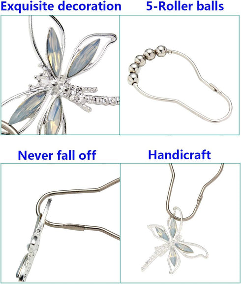 Crystal Dragonfly Shower Curtain Hooks - Brushed Nickel Rings with Rhinestones Dragonfly Pendant,Rust Proof Silver Metal Curtain Hangers (Silver)...