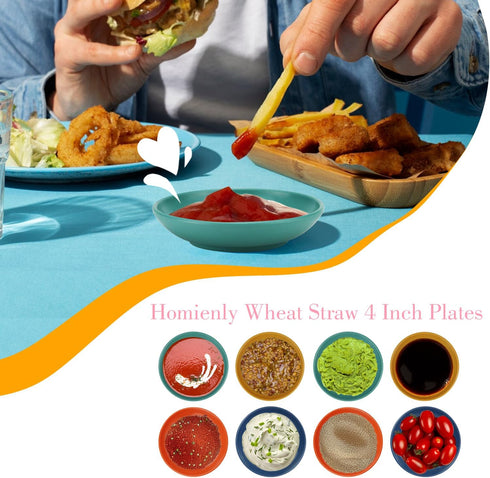 Homienly Plastic Dipping Plates Set of 8-4 inch Wheat Straw Plates Soy Sauce Dish & Bowl, Small Dipping Sauce Bowls, Mini Appetizer Plates for Sid...