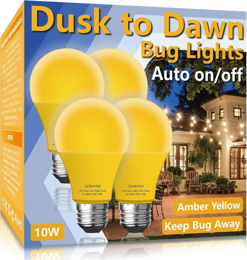Dusk to Dawn Bug Light Bulb Outdoor,4 Pack Amber Bug Light Bulb,Auto On/Off,10W(100W Equivalent),E26 Base,Bug Lights for Outside.Home Hallway Porc...