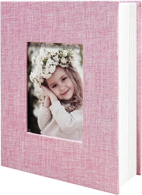 Photo Album 4x6 100 Pockets, Linen Cover Top Loader Vertical, Slip-in Picture Pink Pockets Albums for Wedding, Family, Anniversary, Baby, Vacation...