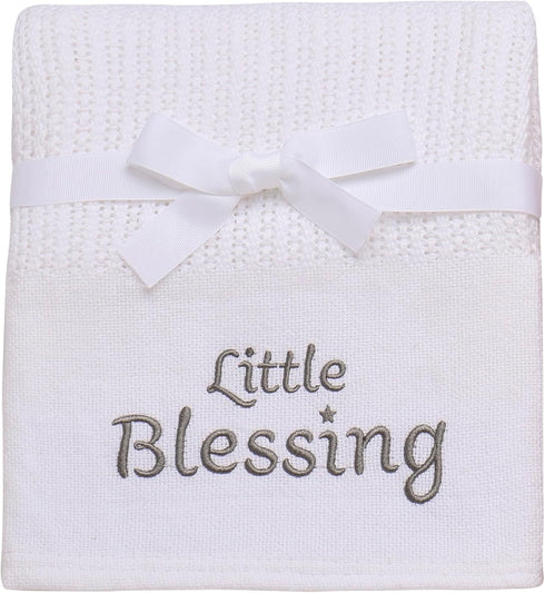 Cotton Knit Baby Blanket with Embroidery, Little Blessings, 30 in. x 40 in., White, Unisex...