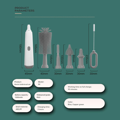 Electric Bottle Brush Set with Baby Bottle Brush 4-Piece,Bottle Brush,Nipple Brush,Straw Brush and Extension Handle,USB Rechargeable,Gift for Preg...