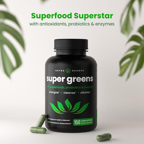 Organic Super Greens Capsules - 40+ Superfoods & Greens Supplements Capsules - Alfalfa, Spirulina, Chlorella & More - Antioxidant, Digestive Enzym...