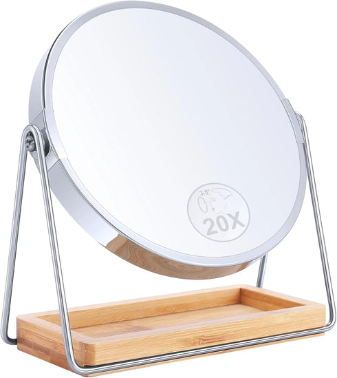 B Beauty Planet 20X Magnifying Mirror with Bamboo Base, Double Sided Magnifying Mirror with 20X/1X Magnification, 360° Swivel Tabletop Mirror with...