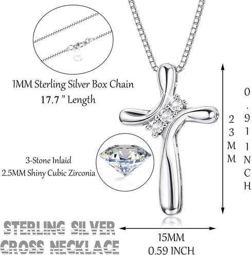 FUNRUN JEWELRY 925 Sterling Silver Cross Necklace for Women 3 Stone Cubic Zirconia Silver Cross Pendant Necklaces with 1 MM Box Chain,18 Inches...