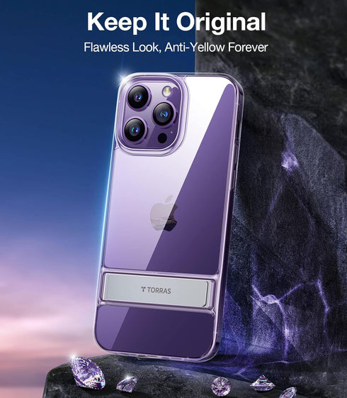TORRAS MoonClimber Designed for iPhone 14 Pro Case Clear with Stand Metal Kickstand, Non-Yellowing, 10FT Military Drop Protective Shockproof Slim ...