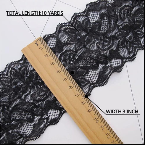 VGOODALL 3 Inch Black Lace Ribbon, 10 Yards Wide Lace Trim for Sewing Elastic Floral by Roll for Bridal Wedding Decoration DIY Sewing Craft Gift W...