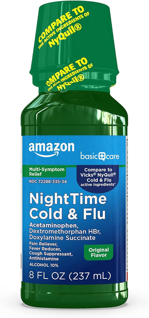 Amazon Basic Care Nighttime Cold & Flu Relief, Pain Reliever, Fever Reducer, Cough Suppressant & Antihistamine Liquid, Original Flavor, 8 fl oz (P...