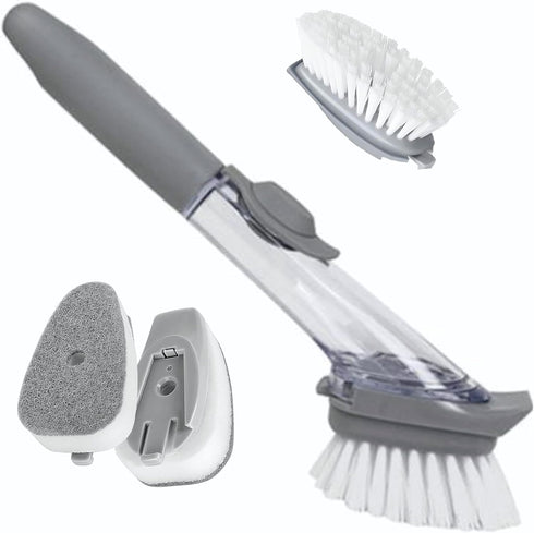 Dish Washing Scrub Brush, Soap Dispenser Scrubbers, Dish Wand with Handle Replacement Brush Heads and Sponge Heads, Leak-Free Scrub with Handle fo...