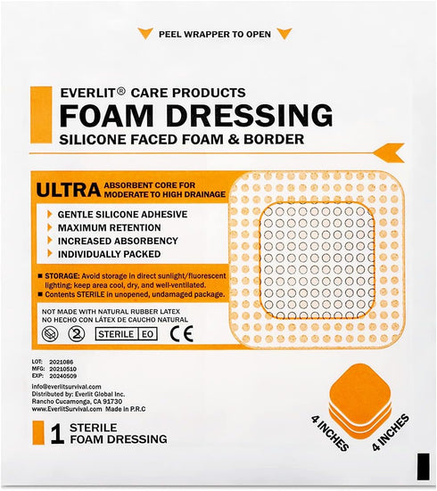EVERLIT Care Silicone Foam Dressing with Adhesive Border | Highly Absorbent Hypoallergenic Bandages for Chronic Wounds, Bed Sores, Pressure Ulcers...