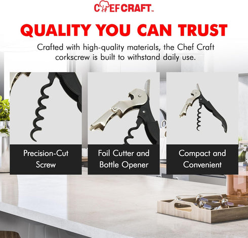 Chef Craft Select Waiters Corkscrew with Foil Cutter and Bottle Opener, 5 inches in Length, Stainless Steel/Black...