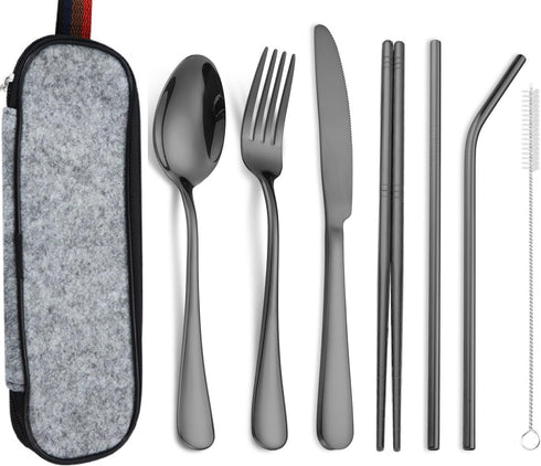 Portable Stainless Steel Flatware Set, Travel Camping Cutlery, Portable Utensil Silverware Dinnerware Set with a Waterproof Case (Black)...
