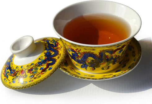 Gaiwan Teacup 7oz Chinese Dargon Sancai Cover Bowl Lip Saucer Set for Gongfu Tea (Yellow)...