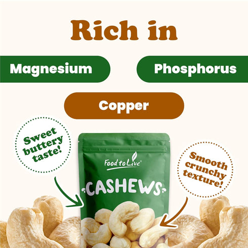 Food to Live Raw Cashews, 8 Ounces – Deluxe Whole Nuts, Unsalted, Unroasted Fancy Snack, Size W-320, Kosher, Vegan, Bulk, A good source of Magnesi...