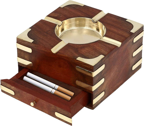 GURU JEE™ Handmade Indian Wooden Ashtray 4.5x4.5x2.25 Inch Indoor Outdoor Ashtrays With Storage Case Box Artisan Crafted Showpiece Gifts...