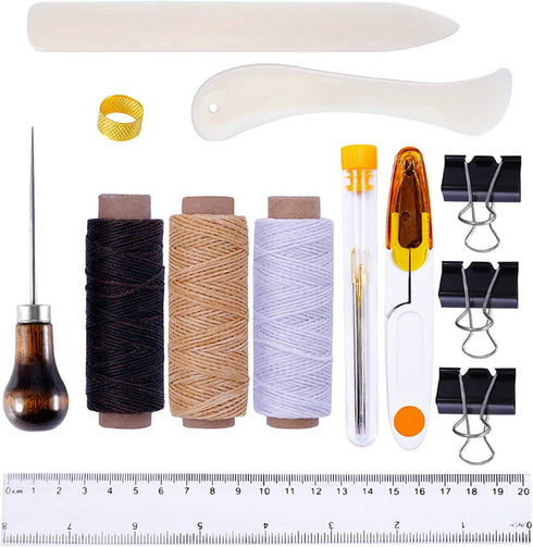 Goiio 19 Pieces Bookbinding Kit Starter Tools Set Bone Folder Paper Creaser, Waxed Thread, Awl, Large-Eye Needles for DIY Bookbinding Crafts and S...