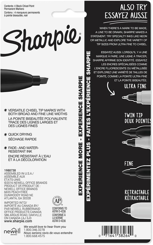 Sharpie 38264PP Permanent Markers, 5.3mm Chisel Tip, Black, 4/Pack...
