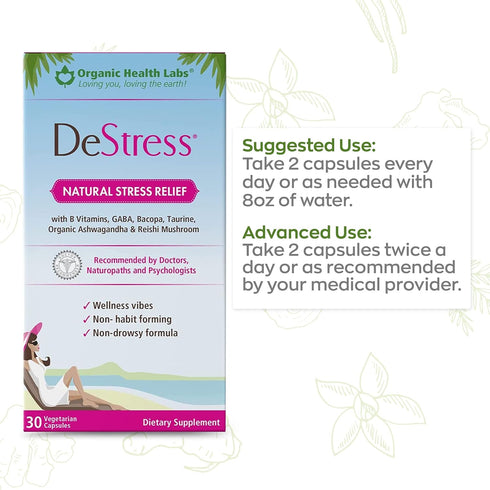DeStress All-Natural: Veggie Capsules, with B Vitamins, Magnesium, Ashwagandha and L-Theanine Supplement, Anxiety Relief, 30 Veggie Capsules, Stre...