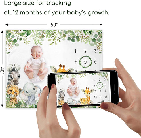 Safari Animals Milestone Blanket, Jungle Baby Growth Chart Monthly Blanket, Watch Me Grow Jungle Wild Baby Nursery for New Moms Baby Shower(50"x40...