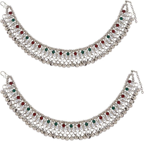 Efulgenz Indian Silver Tone Anklets Indian Jewelry Anklet Sets for Women Bollywood Crystal Faux Pearl Ghungroo Bell Anklets Wedding Bridal Anklet ...