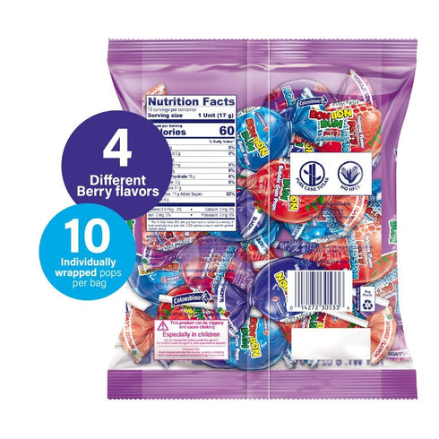 Colombina Bon Bon Bum Lollipops w/Bubble Gum Center, Berry Explosion Mix, Individually Wrapped, Ideal for Party Favors and Gifts, 1 Pack (10 Count...