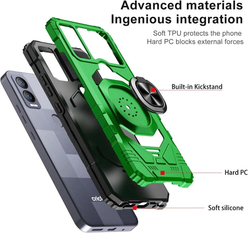 TJS Compatible for Cricket Magic 5G Case, AT&T Propel 5G Case, with Tempered Glass Screen Protector, Metal Ring Magnetic Support Kickstand Heavy D...