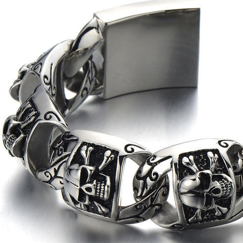 COOLSTEELANDBEYOND Heavy and Study Mens Stainless Steel Biker Skull Bracelet Silver Black Two-tone Polished...