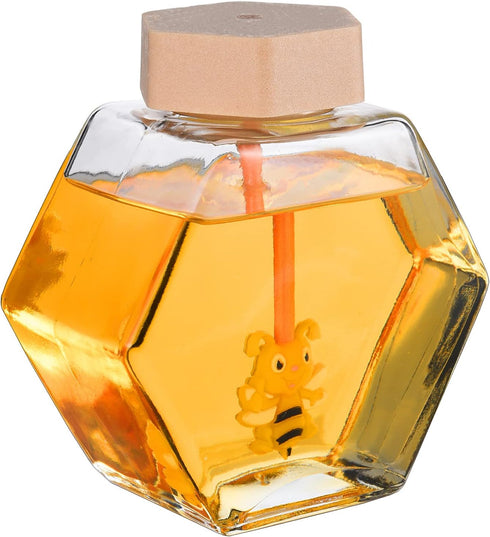Hexagon Shape Honey Pot Jar with Dipper Heat-Resistant Glass Storage Container Honey Pot Glass Honey Jar with Dipper and Lid Cover for Home Kitche...