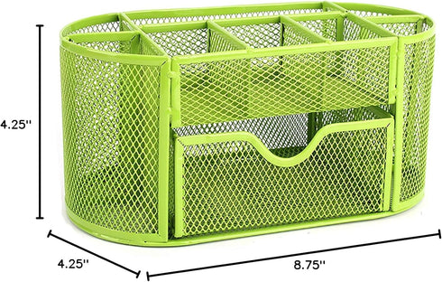 VANRA Metal Mesh Desk Supply Caddy Desktop Office Supplies Organizer Supply Holder 8 Compartments with Drawer (Green)...