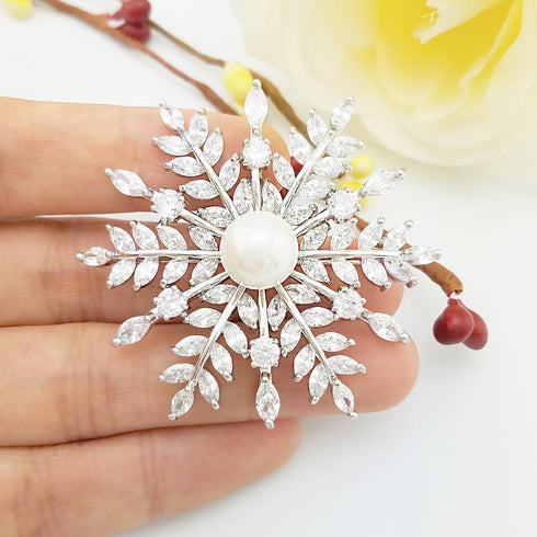 SELOVO Bridal Zircon CZ Bouquet Snowflake Simulated Pearl Brooch Pins Silver Tone...