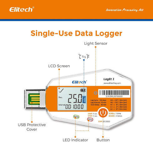 Elitech WHO PQS Certificated Temperature Data Logger 120Days with Light Sensor Single Use Temperature Recorder PDF Report USB Temperature Logger 1...