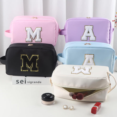 Initial Travel Cosmetic Bag With Glitter Chenille Portable Water-resistant Toiletry Bags for Travelling Nylon Cosmetic Bag Makeup Organizer Pouch ...