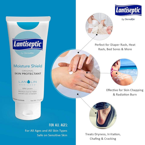 DermaRite's Lantiseptic Moisture Shield Original Skin Protectant - 50% Lanolin, Paraben Free, Unscented Barrier Cream Ointment - 4 oz. Tube, 1 Cou...